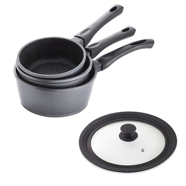 Lot 3 Casseroles Dur Comme La Pierre 16,18 Et 20 Cm Et Couvercle Multi-diamètres