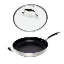 Lot PoĂȘle Inox AntiadhĂ©rent Et Couvercle Verre 32 Cm Excell'Inox